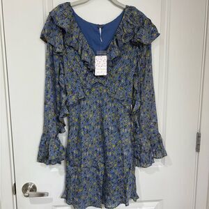 NWT Free People Blue Floral Ruffle Mini Dress Long Bell Sleeves Size 4
